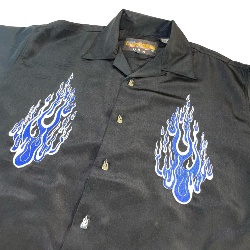 Easyriders USA Mens Blue Flame Embroidered Biker Button Down Shirt Black Large
